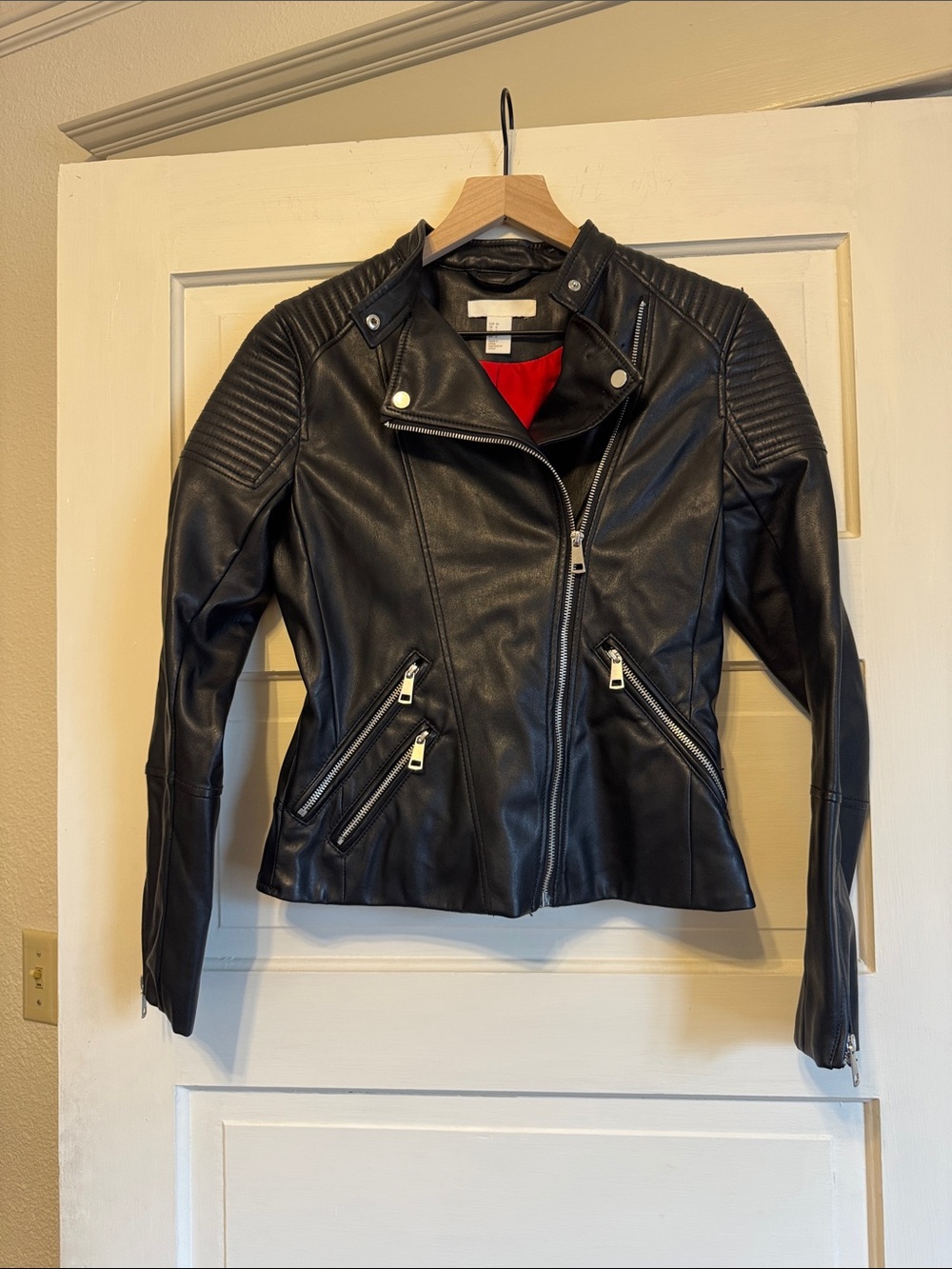 H&M Women’s Black Faux Leather Moto Jacket with Red Lining